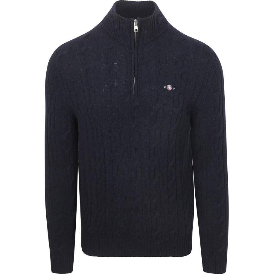 Gant Halfzip Lamswol Trui Cable Navy Blauw