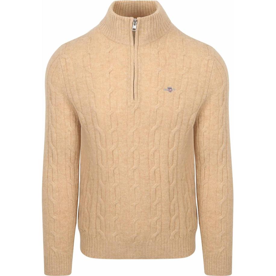 Gant Halfzip Lamswol Trui Cable Beige Bruin