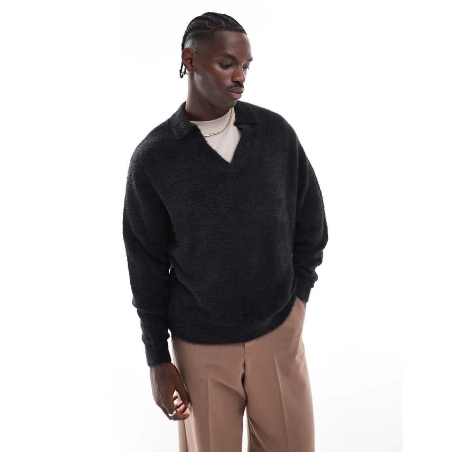 ASOS DESIGN - Gebreide trui met textuur en inkeping in zwart Zwart