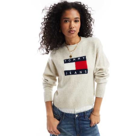 Tommy Jeans Trui met vlag in gemêleerd gebroken wit