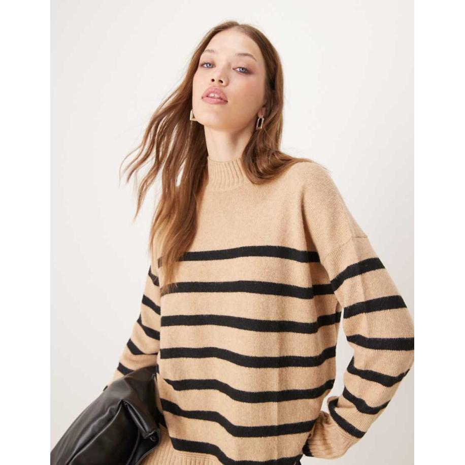 Nobody's Child Oversized gestreepte hoogsluitende trui in bruin-Brown Bruin