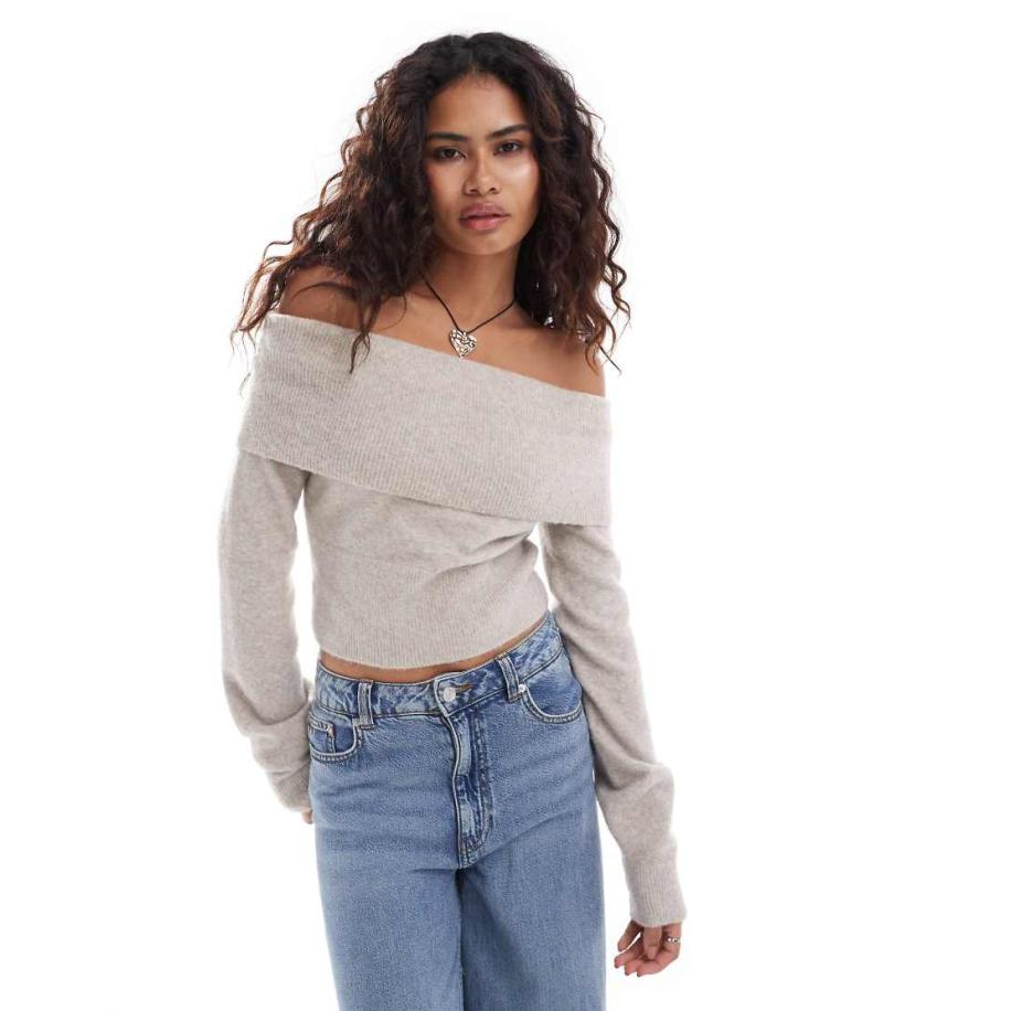 Weekday Lolo Gebreide trui met blote schouders in gemêleerd beige-Neutraal Multicolor