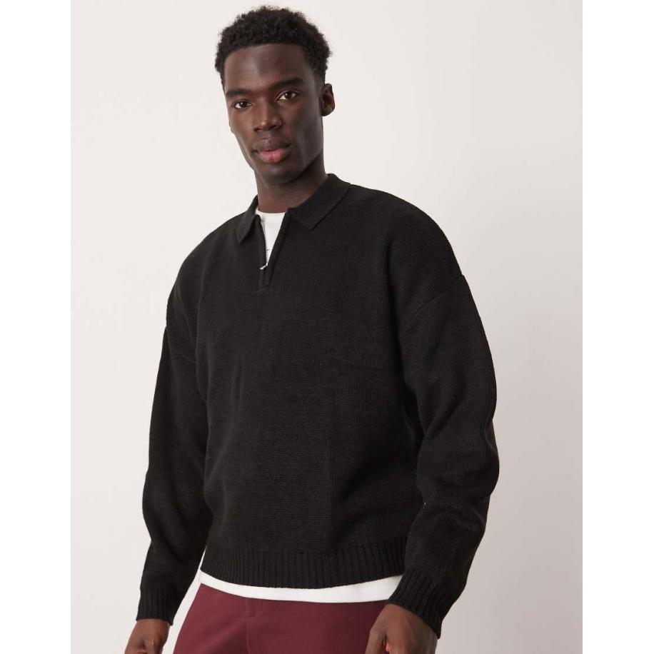 ASOS DESIGN - Oversized rechte gebreide polotrui met korte rits in zwart Zwart