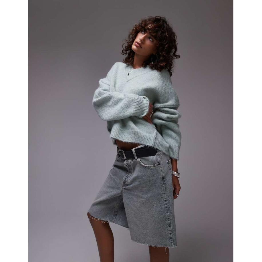 Topshop Pluizige gebreide trui met hoge V-hals in groen Groen