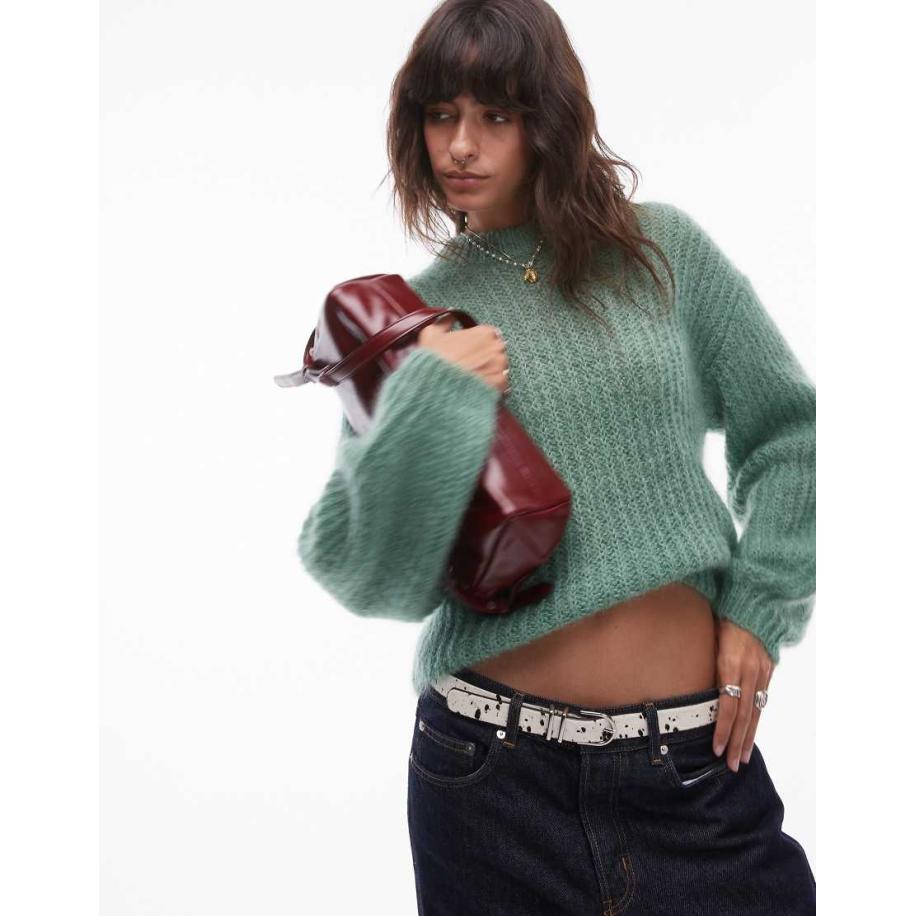Topshop Premium Geribbelde ruimvallende trui van mohairwol in groen Groen