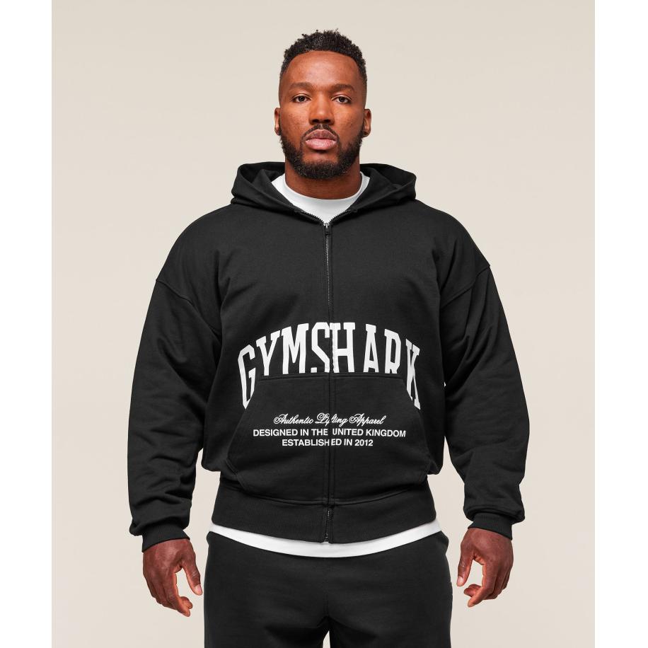 Gymshark Collegiate Script Zip Up Hoodie Black/White Zwart