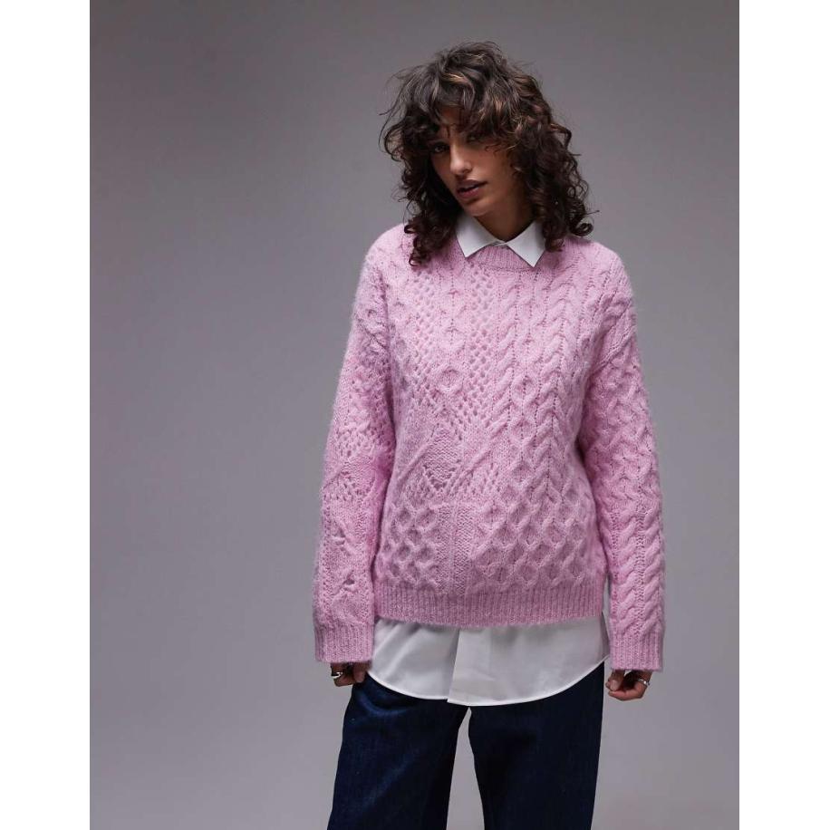 Topshop Ruimvallende gebreide kabeltrui in roze Roze