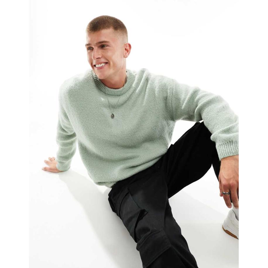 ASOS DESIGN - Oversized geborstelde gebreide trui met ronde hals in saliegroen-Grijs Grijs