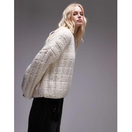 Topshop Premium Handgebreide oversized trui met opengewerkte steken in ivoorwit