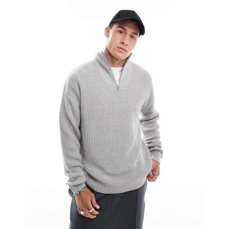 New Look - Gebreide trui met 1/4 rits in lichtgrijs