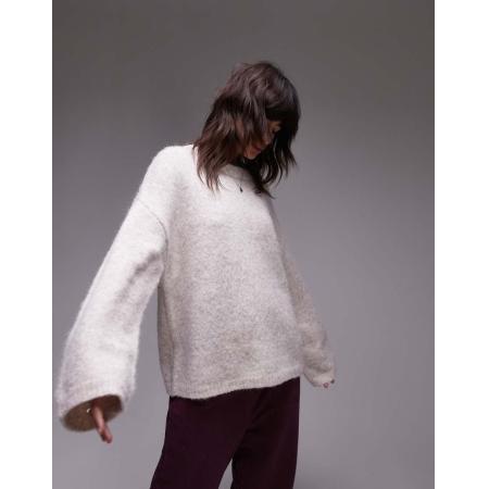 Topshop Gebreide pluizige oversized trui met ronde hals in havermout-Neutraal