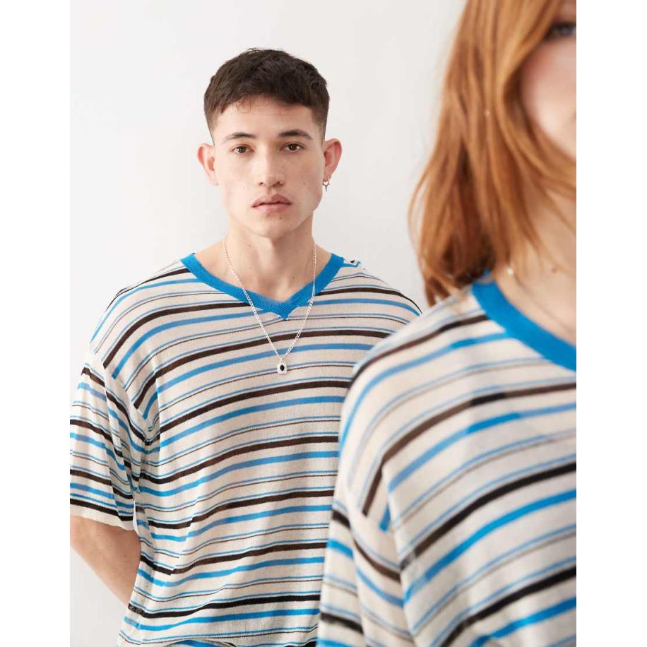 COLLUSION Unisex - Gebreid poloshirt met kraagje en strepen-Blauw Blauw
