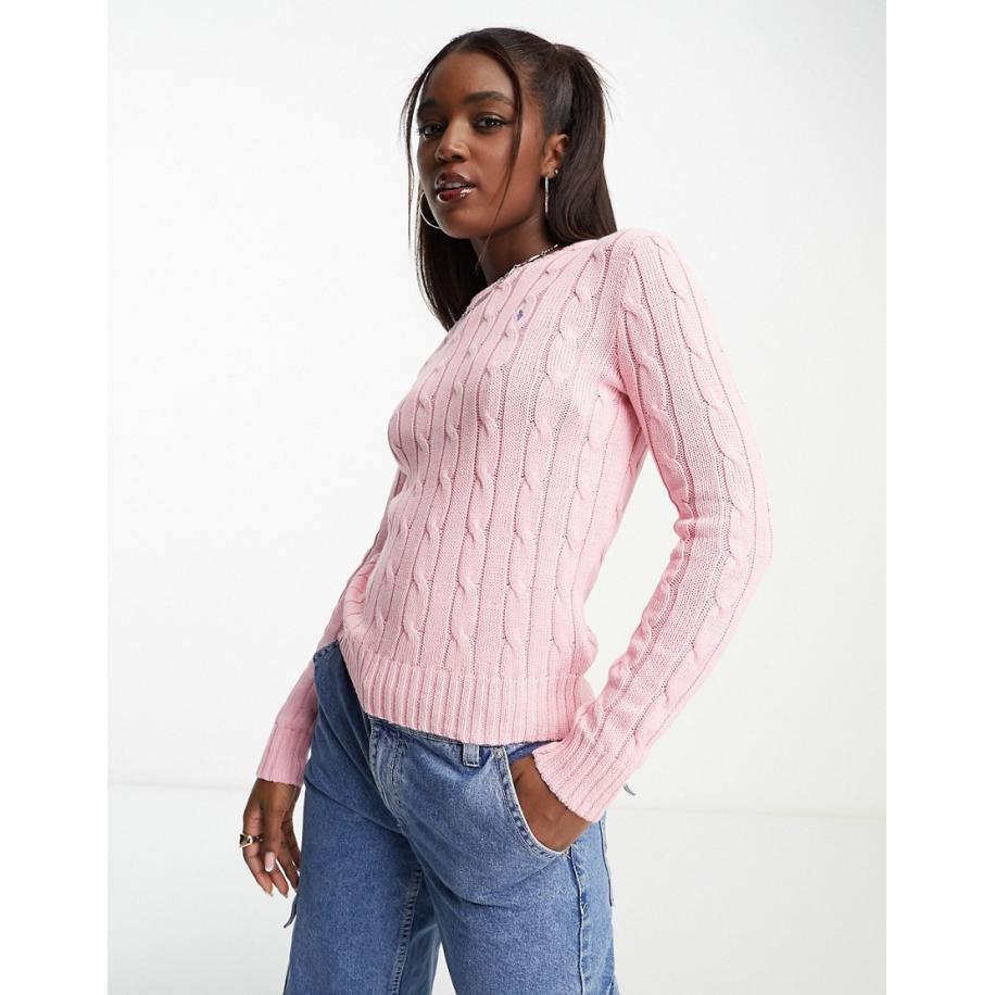 Polo Ralph Lauren Gebreide trui van katoen met kabels en icoonlogo in roze Roze