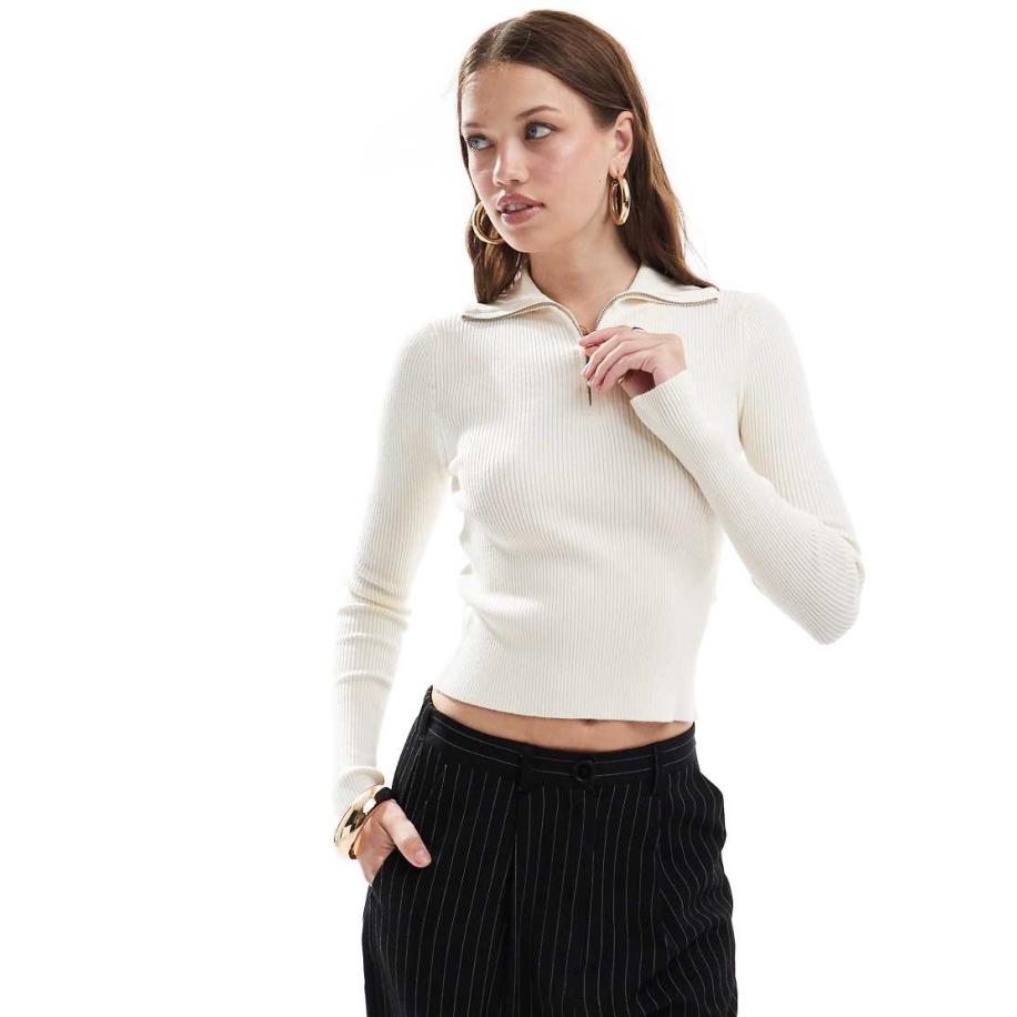 Miss Selfridge Geribbelde gebreide top met kraag met rits in crème-Wit Wit