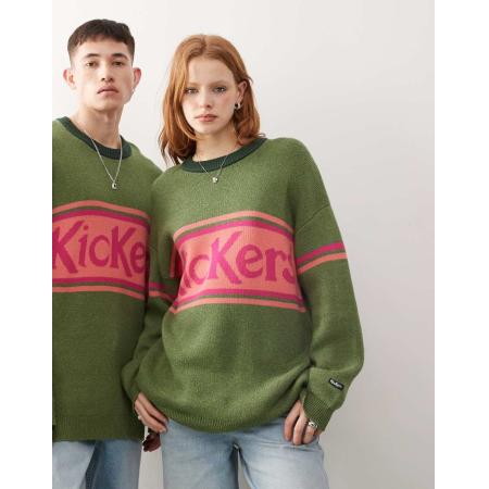Kickers Unisex oversized gebreide trui in groen met roze kickers-logo-Veelkleurig
