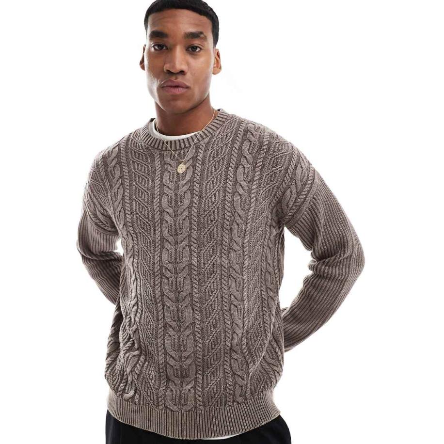 ASOS DESIGN - Ruimvallende gebreide kabeltrui in bruin met wassing Bruin