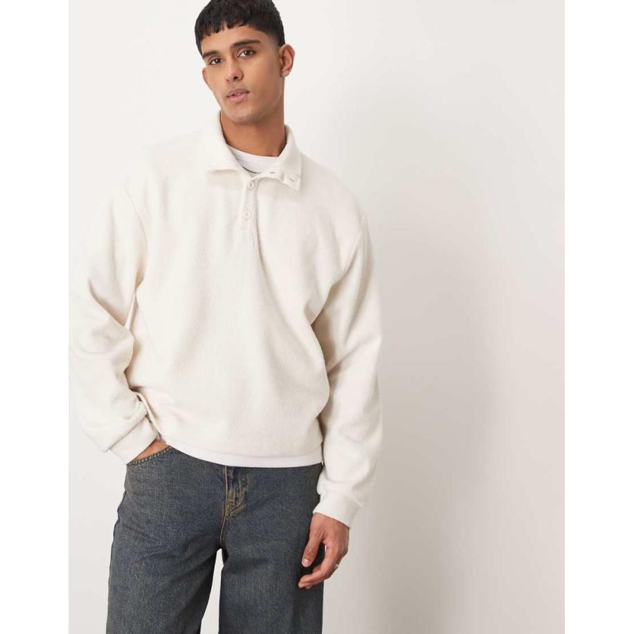 ASOS DESIGN - Oversized rechte lichtgewicht trui met opstaande henley-boord in geborsteld ecru-Neutraal Multicolor