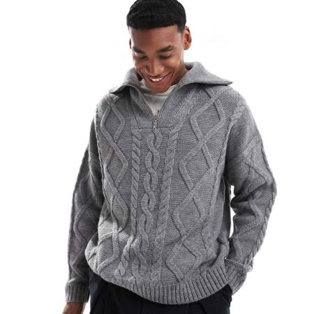 ASOS DESIGN - Oversized gebreide trui van zware wolmix met kabels en korte rits in grijs