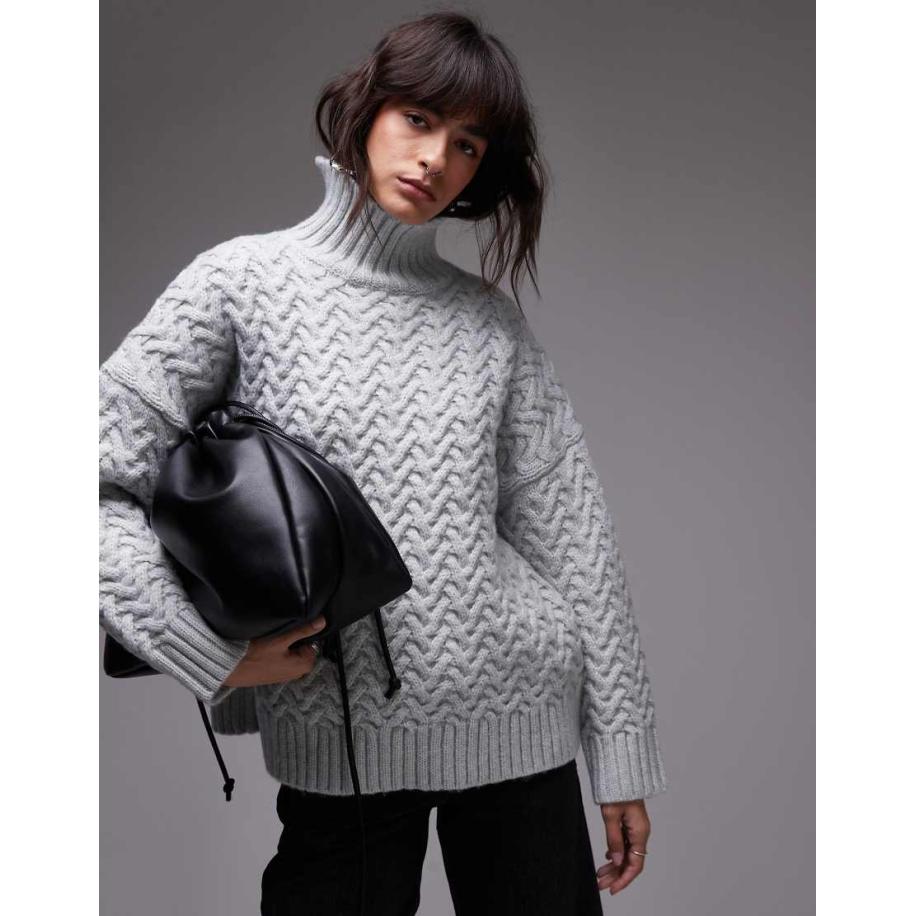 Topshop Gebreide oversized hoogsluitende trui met geweven kabels in blauw-Marineblauw Blauw