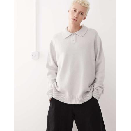 COLLUSION - Zachte gebreide polo met lange mouwen in grijs