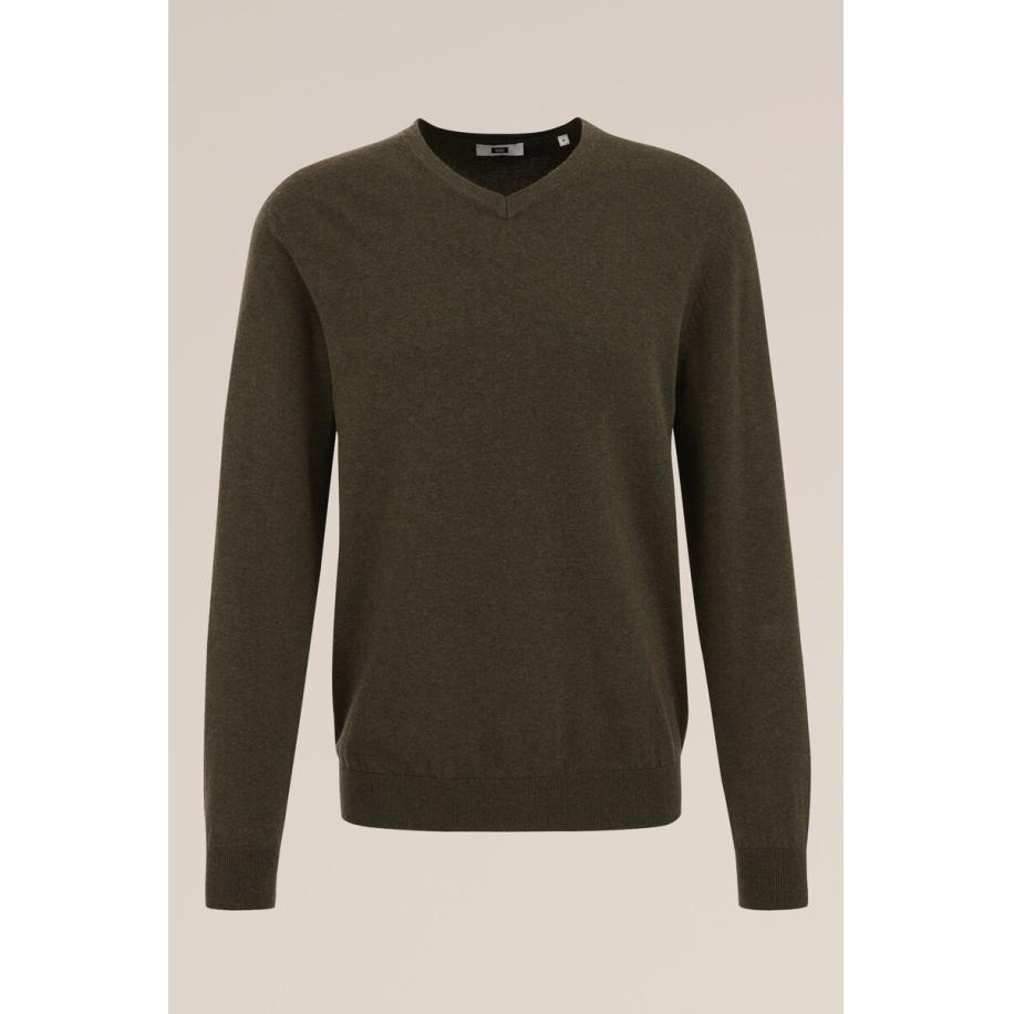 Fundamentals heren fijngebreide trui van katoenmix - Slim Fit - Legergroen - Katoen - Maat: XXXL Groen