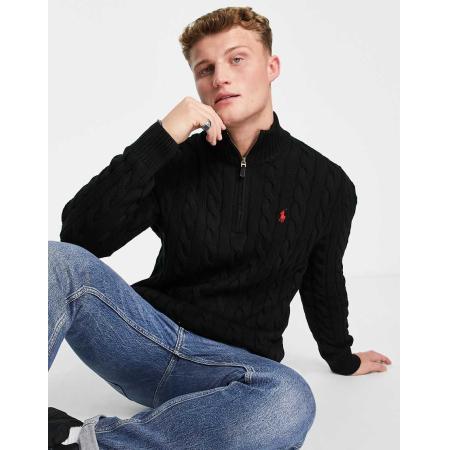 Polo Ralph Lauren - Gebreide kabeltrui van katoen met iconisch logo en korte rits in zwart