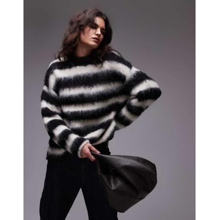 Topshop Pluizig gebreide oversized trui met strepen in zwart-wit