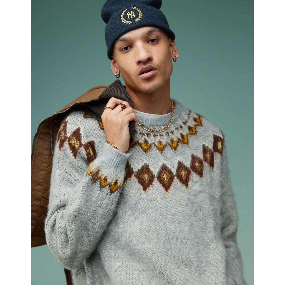 ASOS DESIGN - Oversized rechte pluizige gebreide trui met Fair Isle-patroon in grijs Grijs