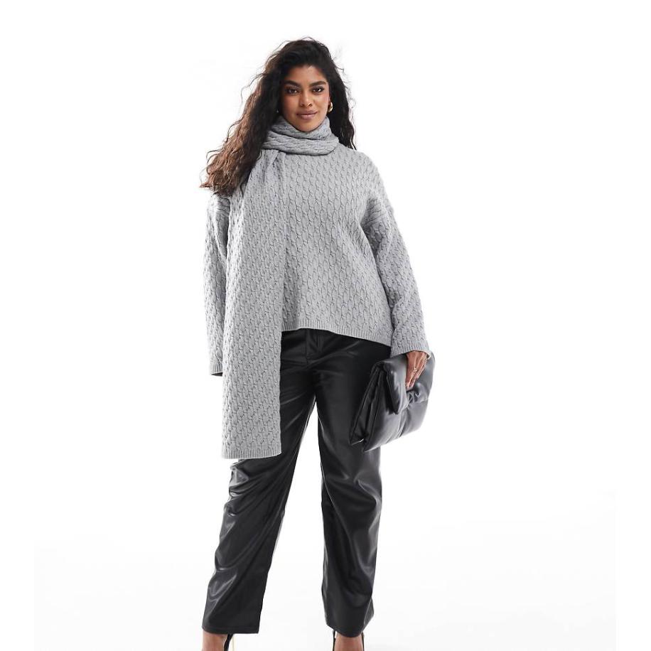 4th & Reckless Plus Gebreide trui met kabels en sjaal in grijs Grijs