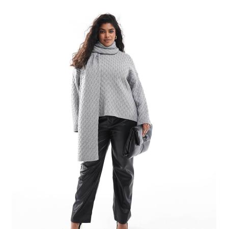 4th & Reckless Plus Gebreide trui met kabels en sjaal in grijs