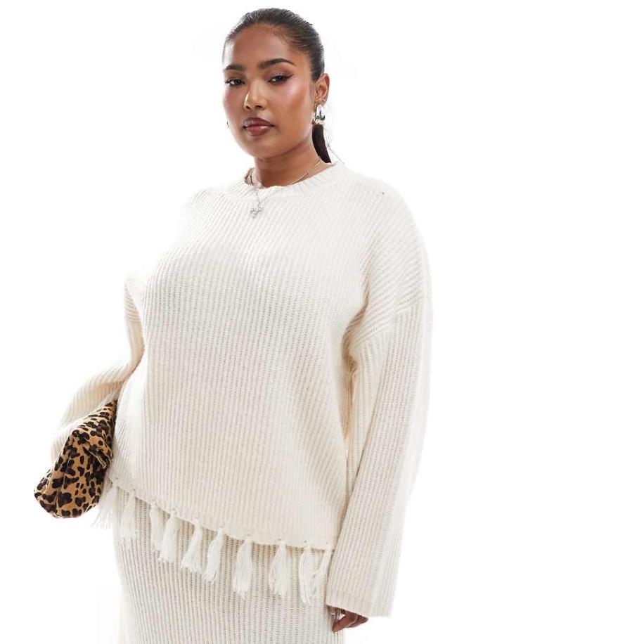 4th & Reckless Plus Trui van wolmix met kwastjes en wijde mouwen in crème, deel van co-ord set-Wit Wit