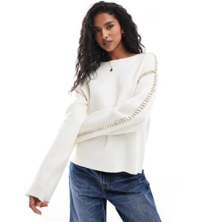 YAS Trui met contrasterende stiksels in crème-Wit