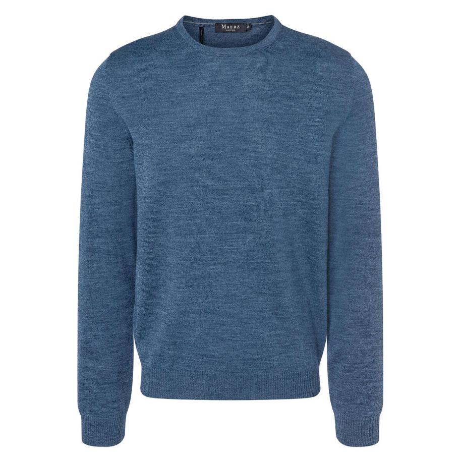 MAERZ Superwash Trui ronde hals blauw, Effen Blauw