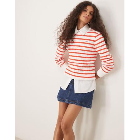 GANT Gestreepte katoenen gebreide trui met ronde hals, kabels en logo in rood