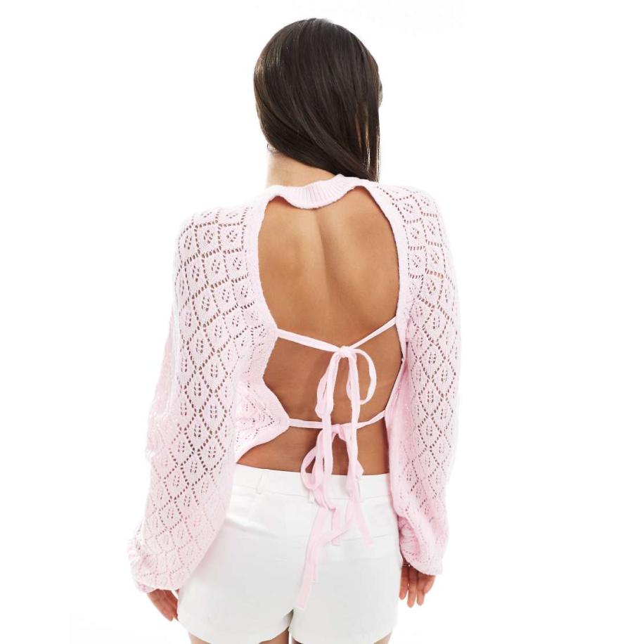 Miss Selfridge Gebreide gehaakte trui met gestrikte achterkant in roze-Wit Wit