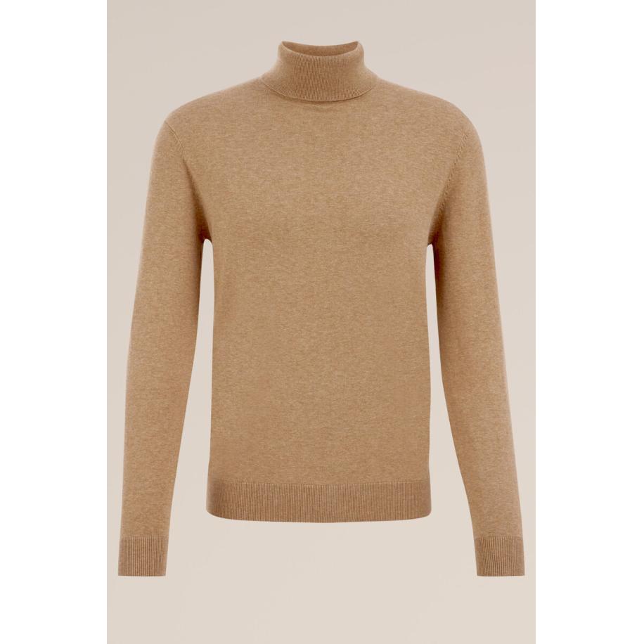 Fundamentals heren Slim fit fijngebreide coltrui - Slim Fit - Beige - Katoen - Maat: M Bruin