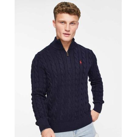 Polo Ralph Lauren - Gebreide katoenen trui met kabels met icoonlogo en korte rits in marineblauw