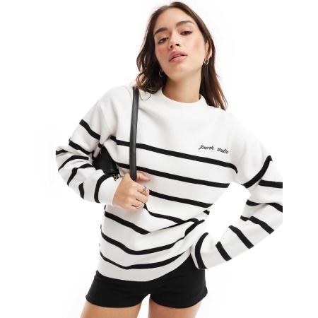 4th & Reckless Gebreide gestreepte trui met ronde hals in crème-Wit