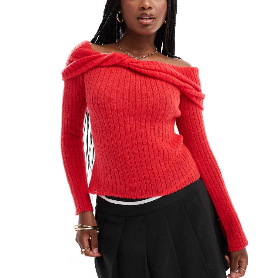 In The Style Gebreide gedraaide bardottrui in rood Rood