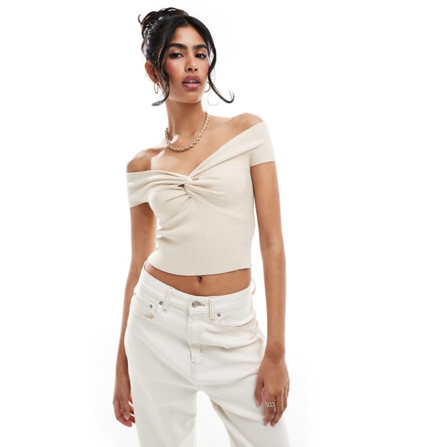 Miss Selfridge Geribbelde gebreide bardottop met gedraaide voorkant en korte mouwen in crème-Wit Wit