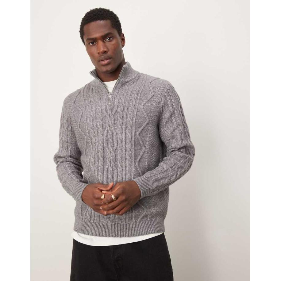 ASOS DESIGN - Gebreide trui van zware stof met kabels en korte rits in antraciet-Grijs Grijs