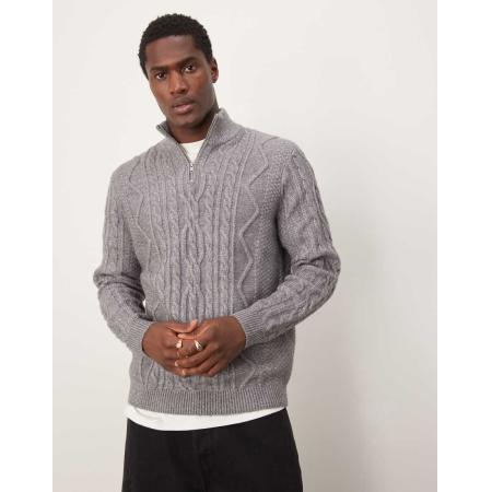 ASOS DESIGN - Gebreide trui van zware stof met kabels en korte rits in antraciet-Grijs