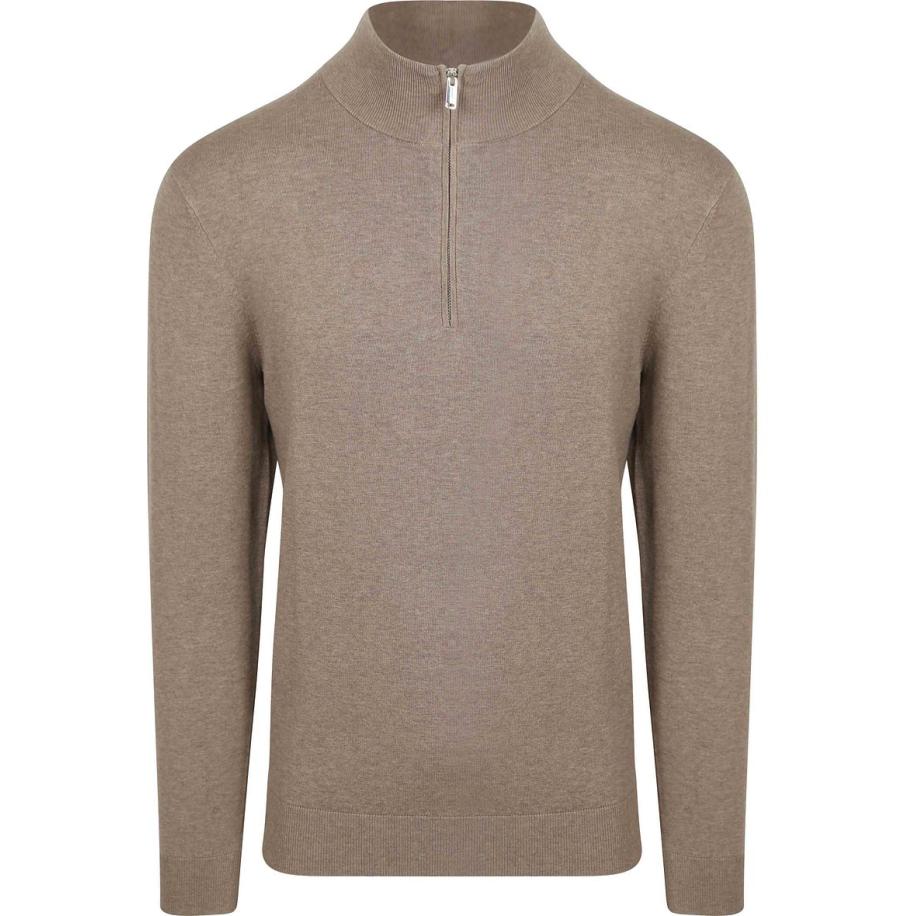 Profuomo Half Zip Pullover Luxury Basic Taupe Bruin
