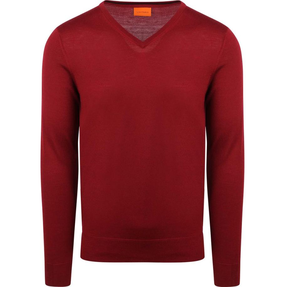 Suitable Merino Pullover V-Hals Donkerrood Rood