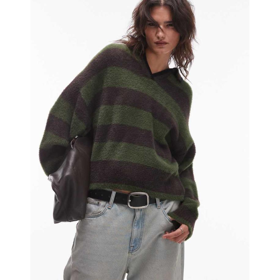 Topshop Pluizig gebreide ruimvallende gestreepte polo in grijs en groen-Veelkleurig Multicolor