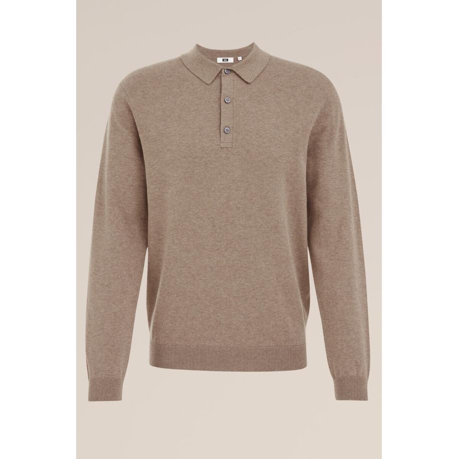 Fundamentals heren Fijngebreide polo - Regular fit - Lichtbruin - Katoen - Maat: L Bruin