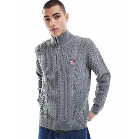 Tommy Jeans - Gebreide trui met kabels en 1/4 rits in grijs