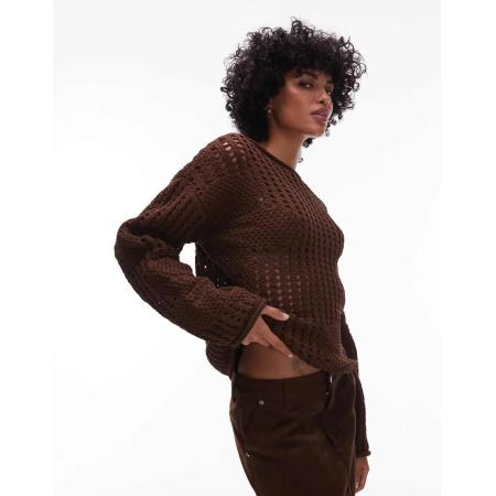 Topshop Gebreide gehaakte trui met bloemendetail in bruin-Neutraal