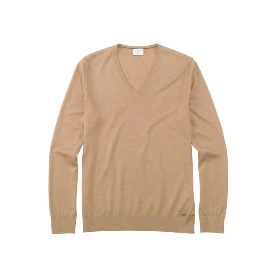 OLYMP Casual Trui V-hals kameel, Effen Bruin