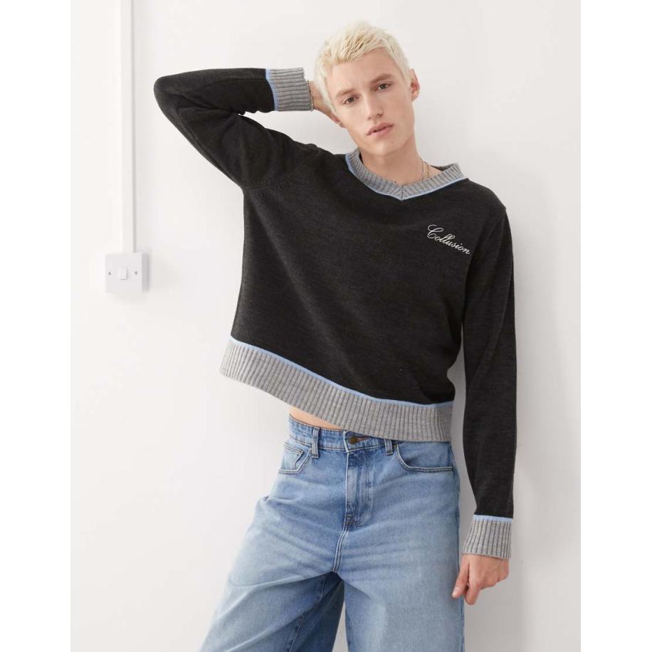 COLLUSION - Gebreide trui met V-hals in antracietgrijs-Blauw Blauw